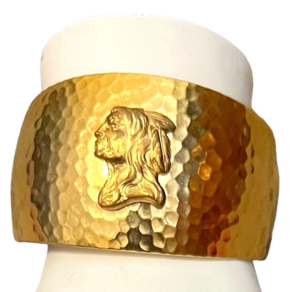 Hand Crafted Indian Chief Head Women's‎ Gold Plated Hammered Brass Cuff Bangle